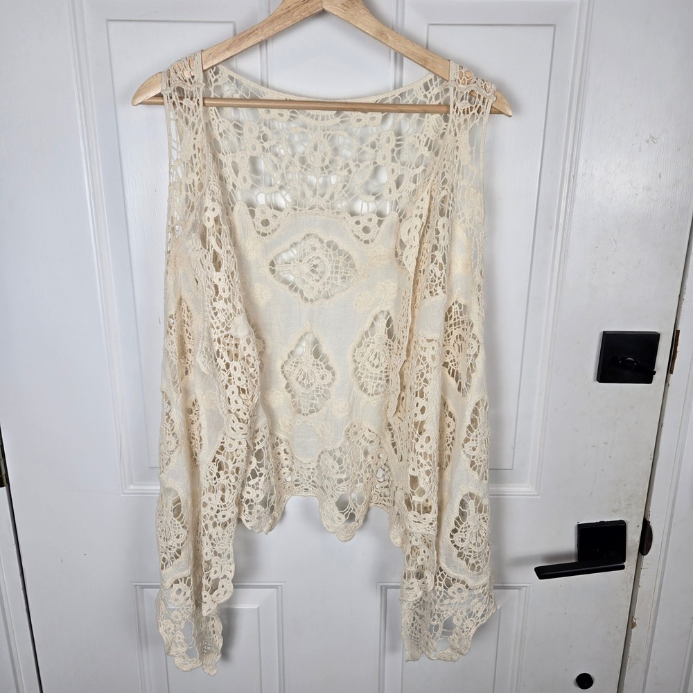 Boho Crochet Lace Vest Small Open Front Sleeveless Festival Cream Retro 70s‎